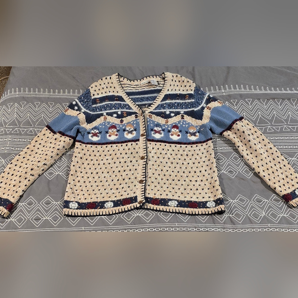 Vintage North Crest Holiday Snowmen Knit Sweater Cardigan Size Large